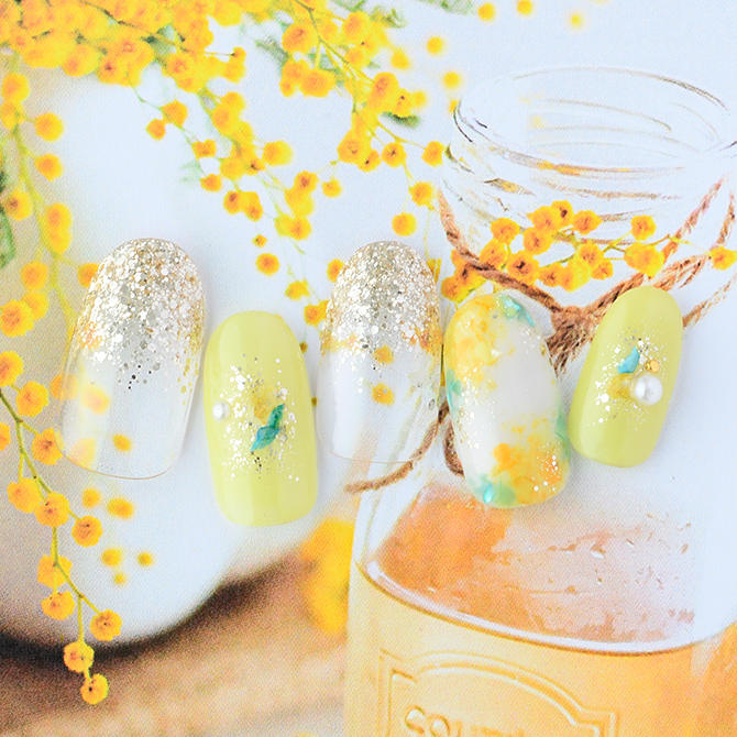 <center>春風に揺れて咲く、ミモザの祝福と金砂のほのかな気配を<br>(L02-CP1-ST11)</center>