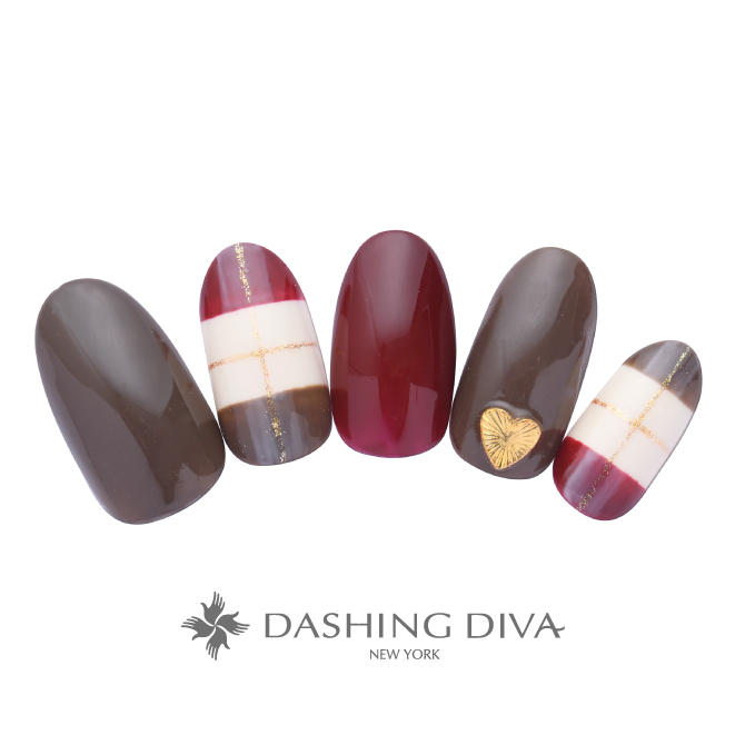 こっくり深い冬カラーのハートパーツとボーダーネイル ネイルデザイン ネイルサロンのダッシングディバ Dashing Diva