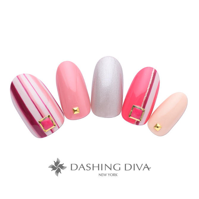 ピンク系ストライプとスクエアパーツのモダンなネイル E03 12 ネイルデザイン ネイルサロンのダッシングディバ Dashing Diva